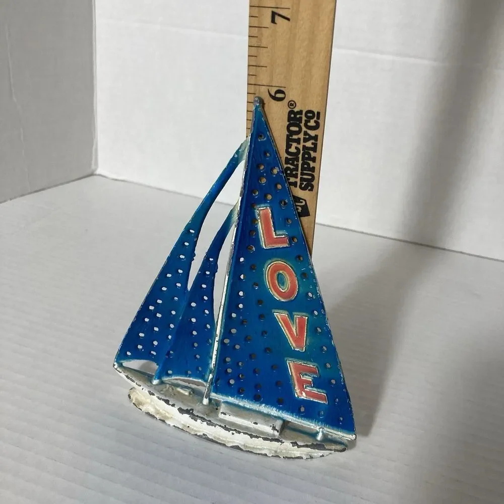 Vintage Sailboat Earring Holder Nautical LOVE Red White Blue Rustic